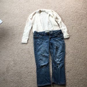 Jean pants and white cardigan
